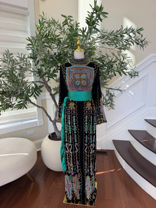 Elegant Black Palestinian Embroidered Thobe with Multicolor Detailing and Turquoise Sash (scarf not included)