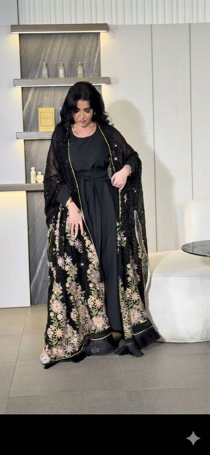 Black Sparkle Floral Abaya