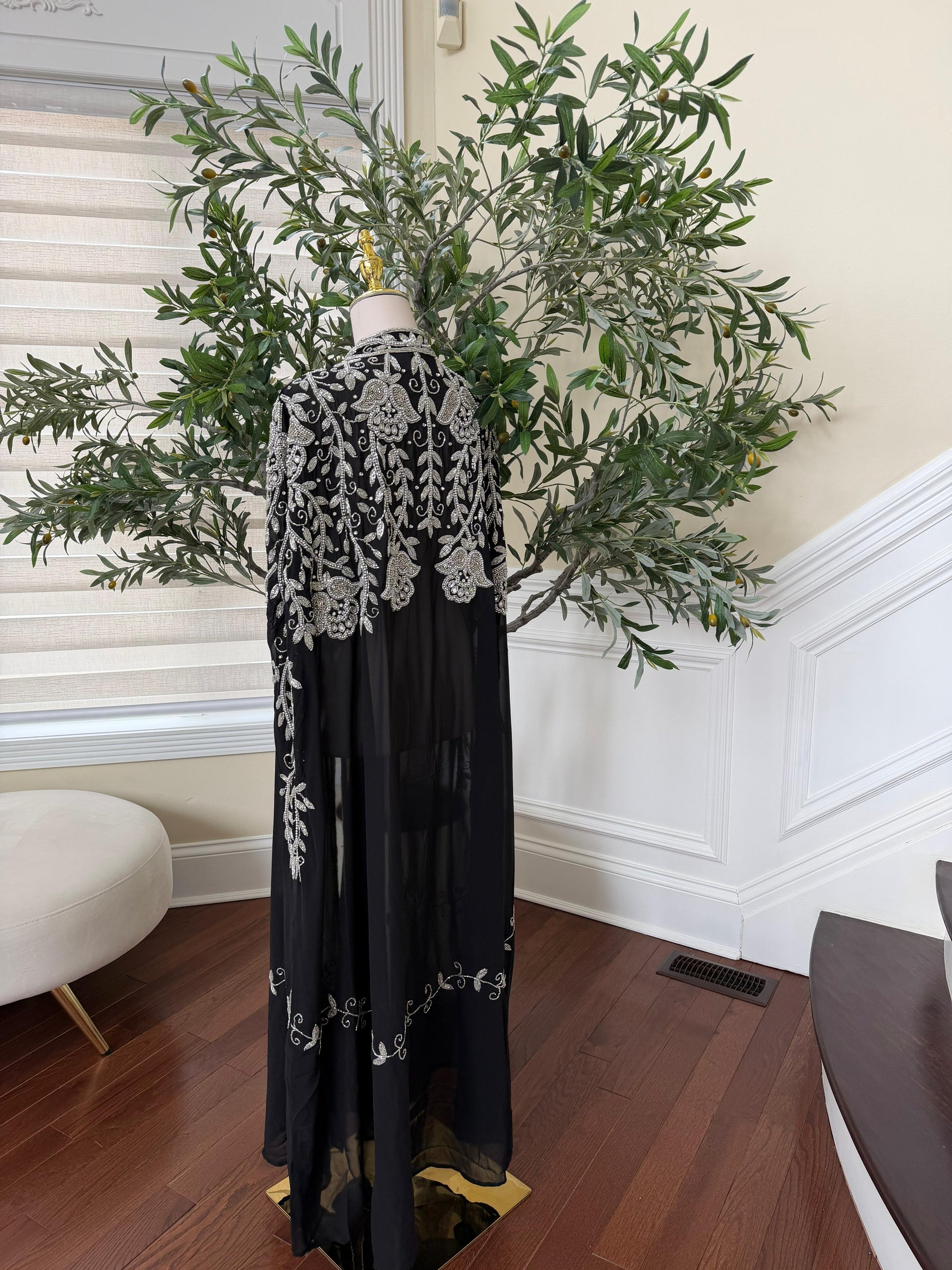 Silver Floral Black Cardigan Abaya