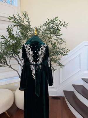 Green Velvet Stone Charm Abaya