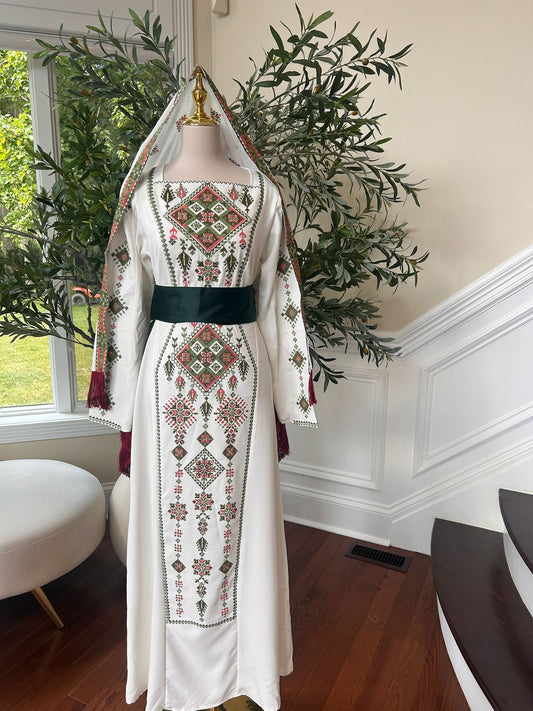 White Thobe Green Tatreez Elegance