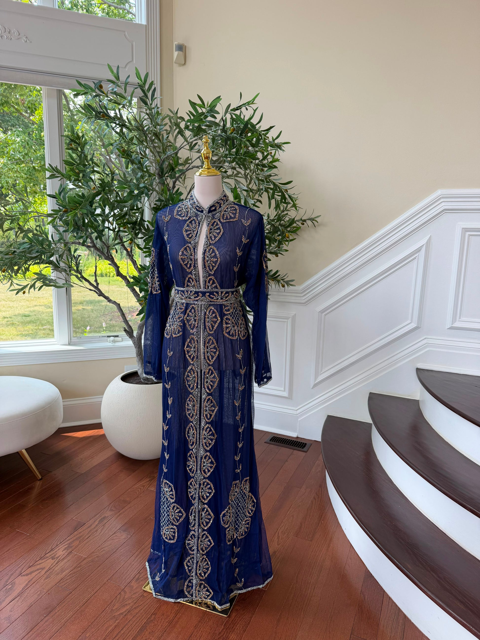 Blue Beaded Embroidery Cardigan Abaya