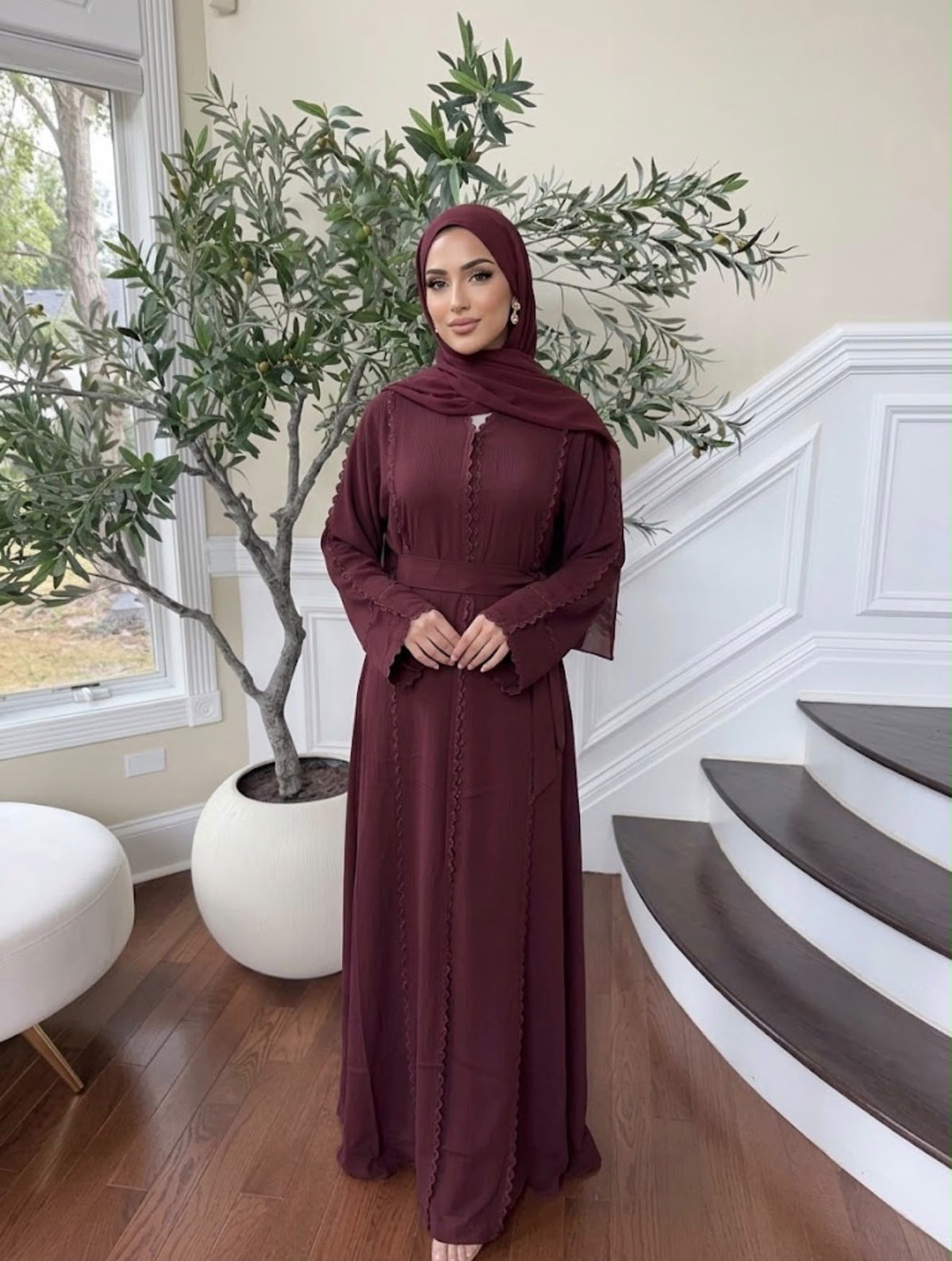Burgundy Elegance Beaded Charm Abaya