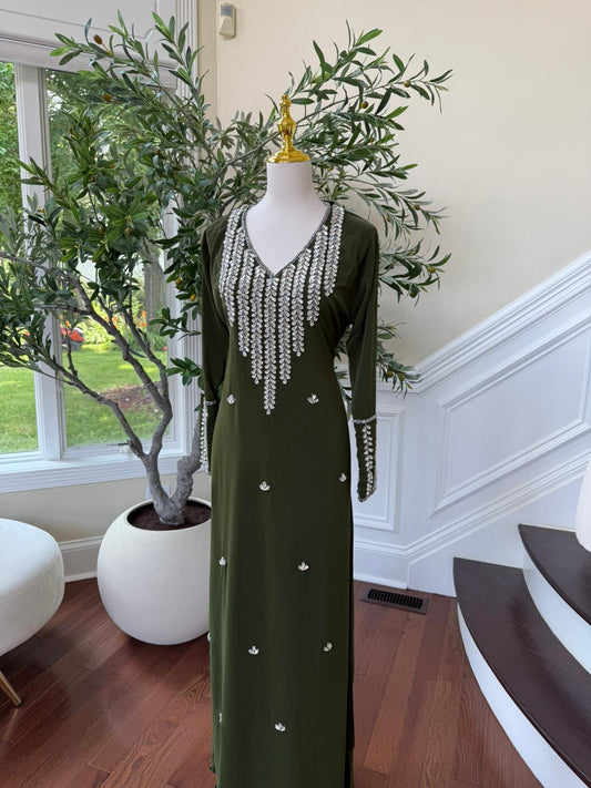 Olive Forest Bloom – Modest Kaftan with Hand-Embellished Neck & Sleeves