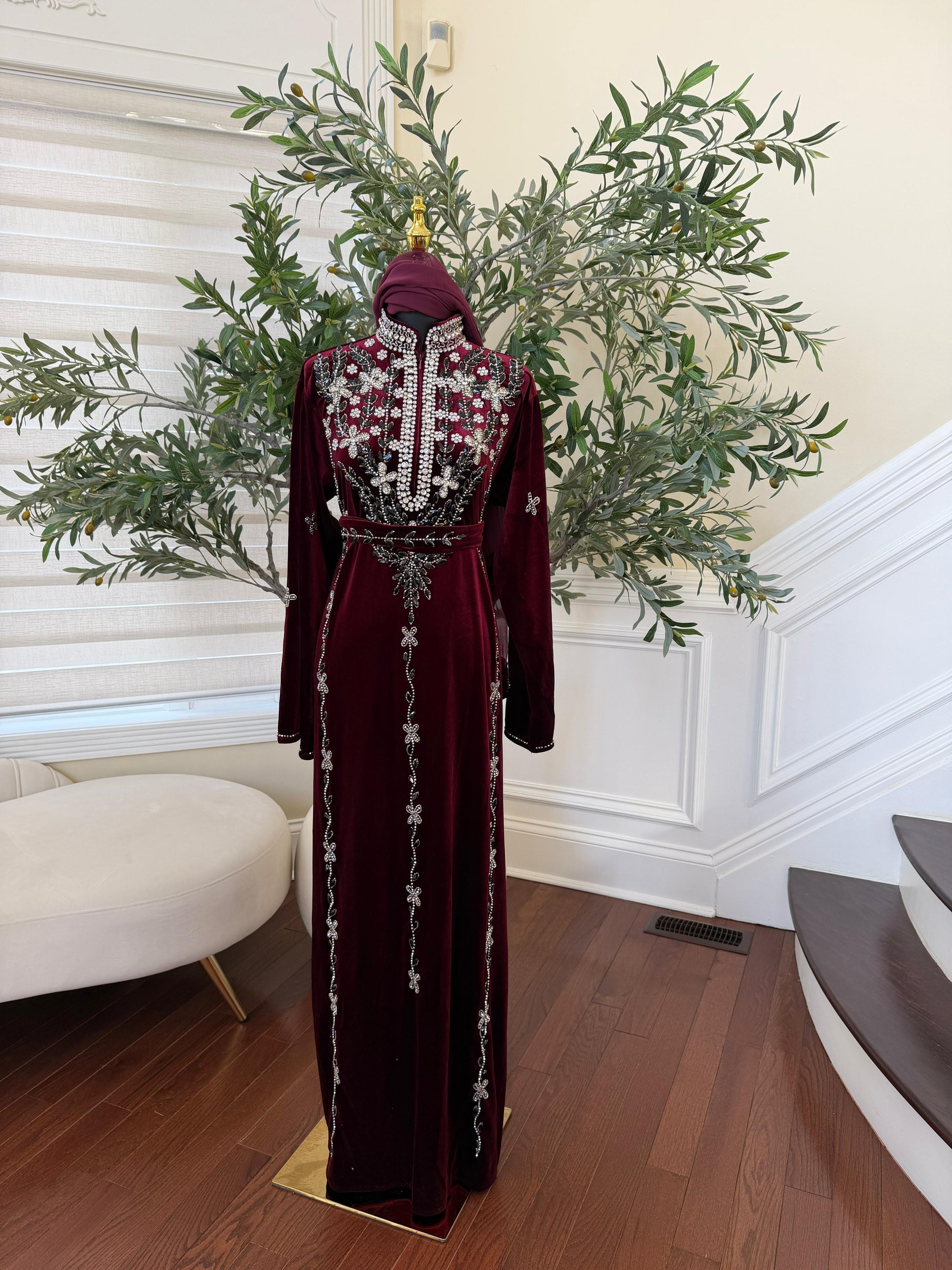 Burgundy Red Crystal Velvet Detailing Abaya