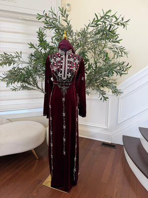 Burgundy Red Crystal Velvet Detailing Abaya