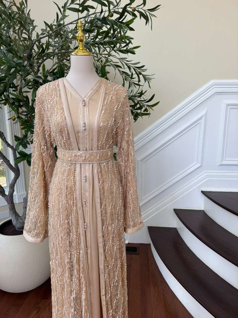 Beige Beaded Two Piece Kuftan