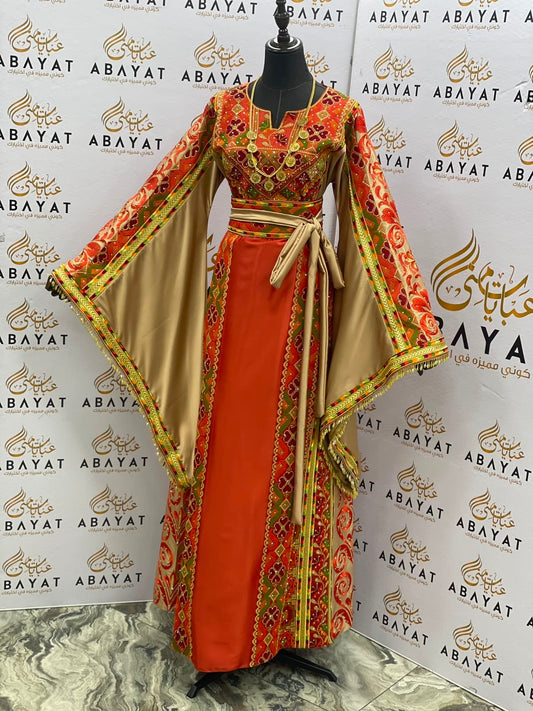 Rust Orange & Gold Palestinian Embroidered Thobe
