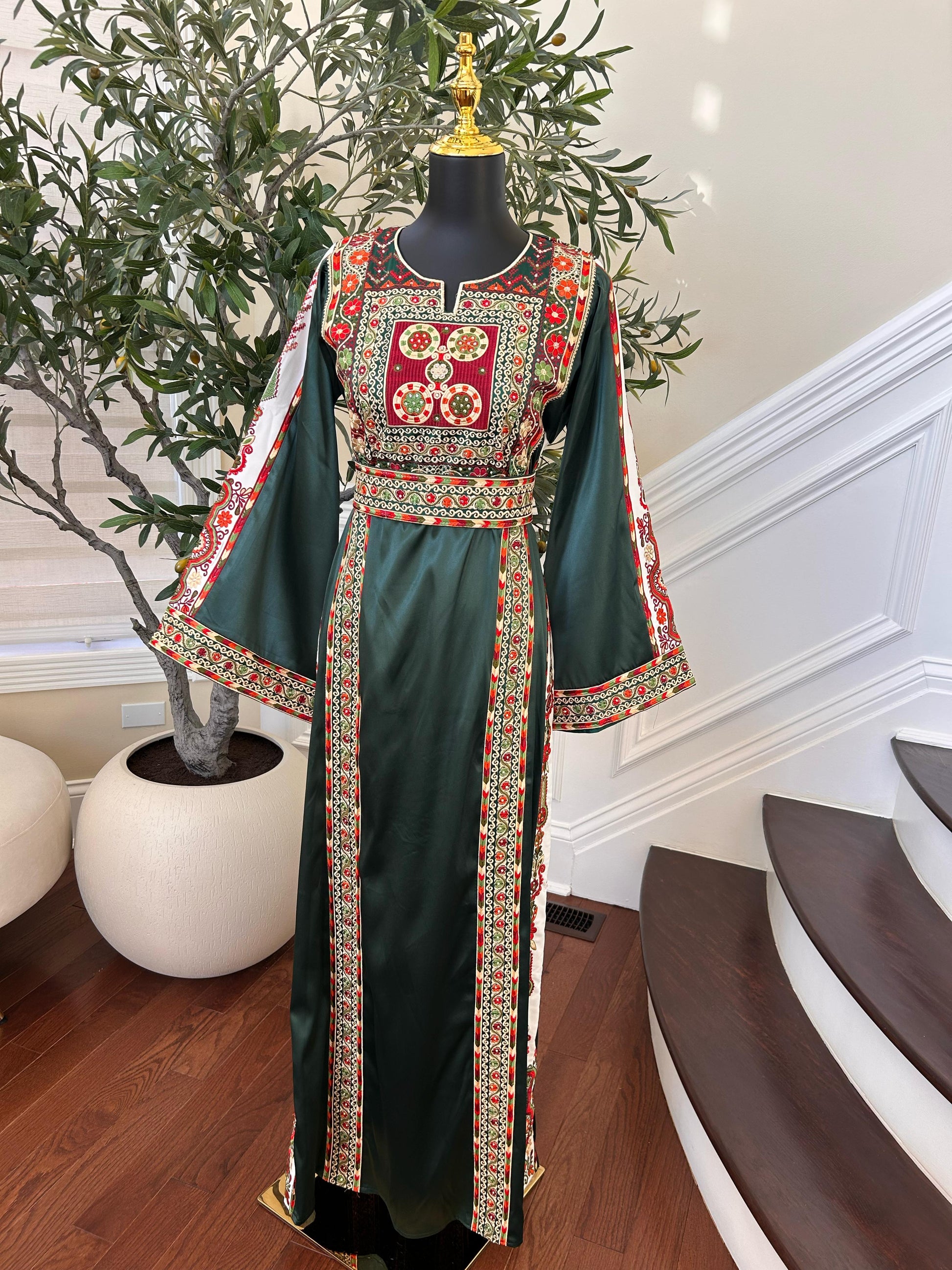 Green Satin Tatreez Embroidered Thobe