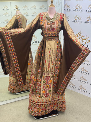 Premium Palestinian Embroidered Malakah Thobe – Golden Brown