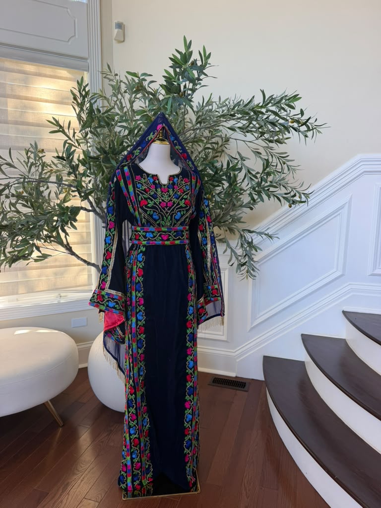 Elegant Navy Blue Velvet Palestinian Thobe with Vibrant Multicolor Floral Embroidery(scarf not included)