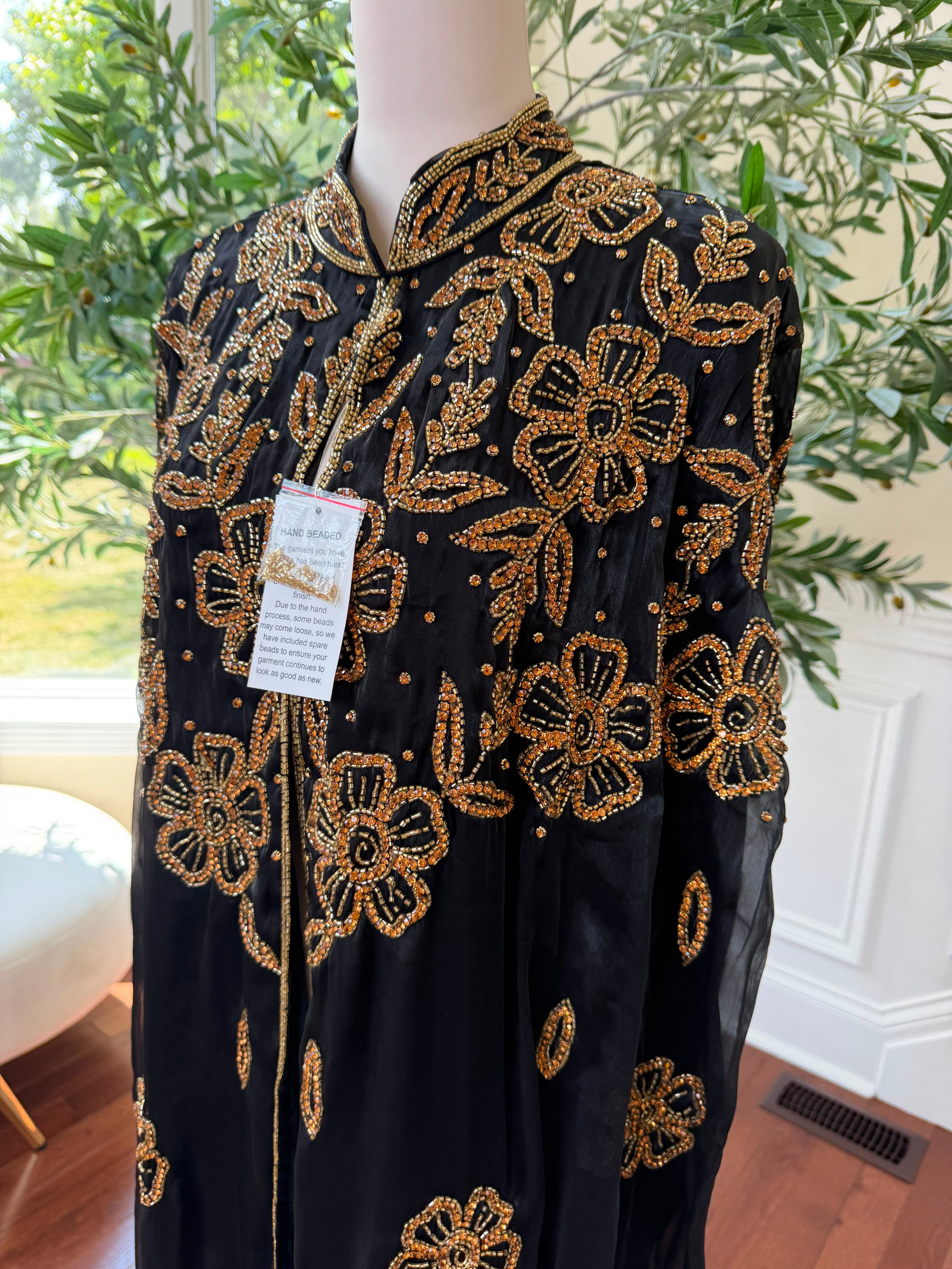 Golden Floral Black Cardigan Abaya