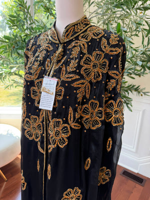Golden Floral Black Cardigan Abaya