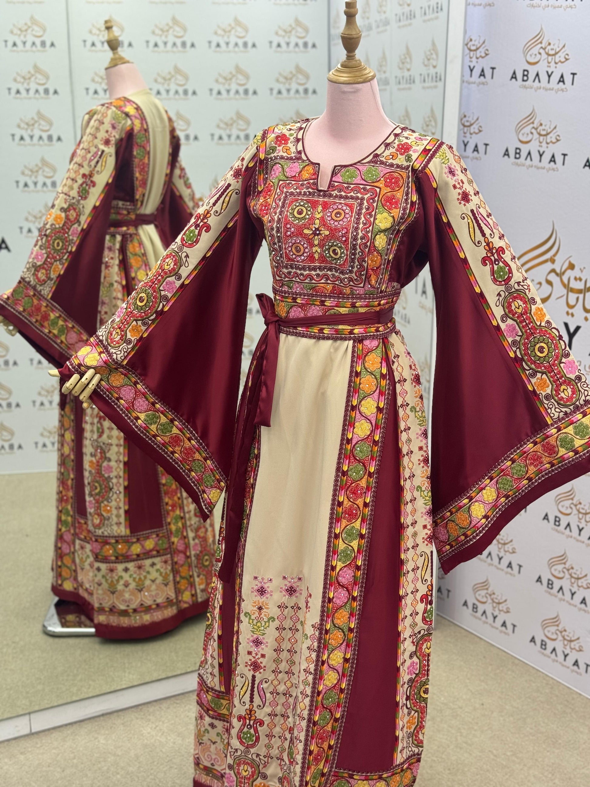 Burgundy & Cream Palestinian Embroidered Thobe – Multicolor Tatreez Maxi Dress with Wide Sleeves”