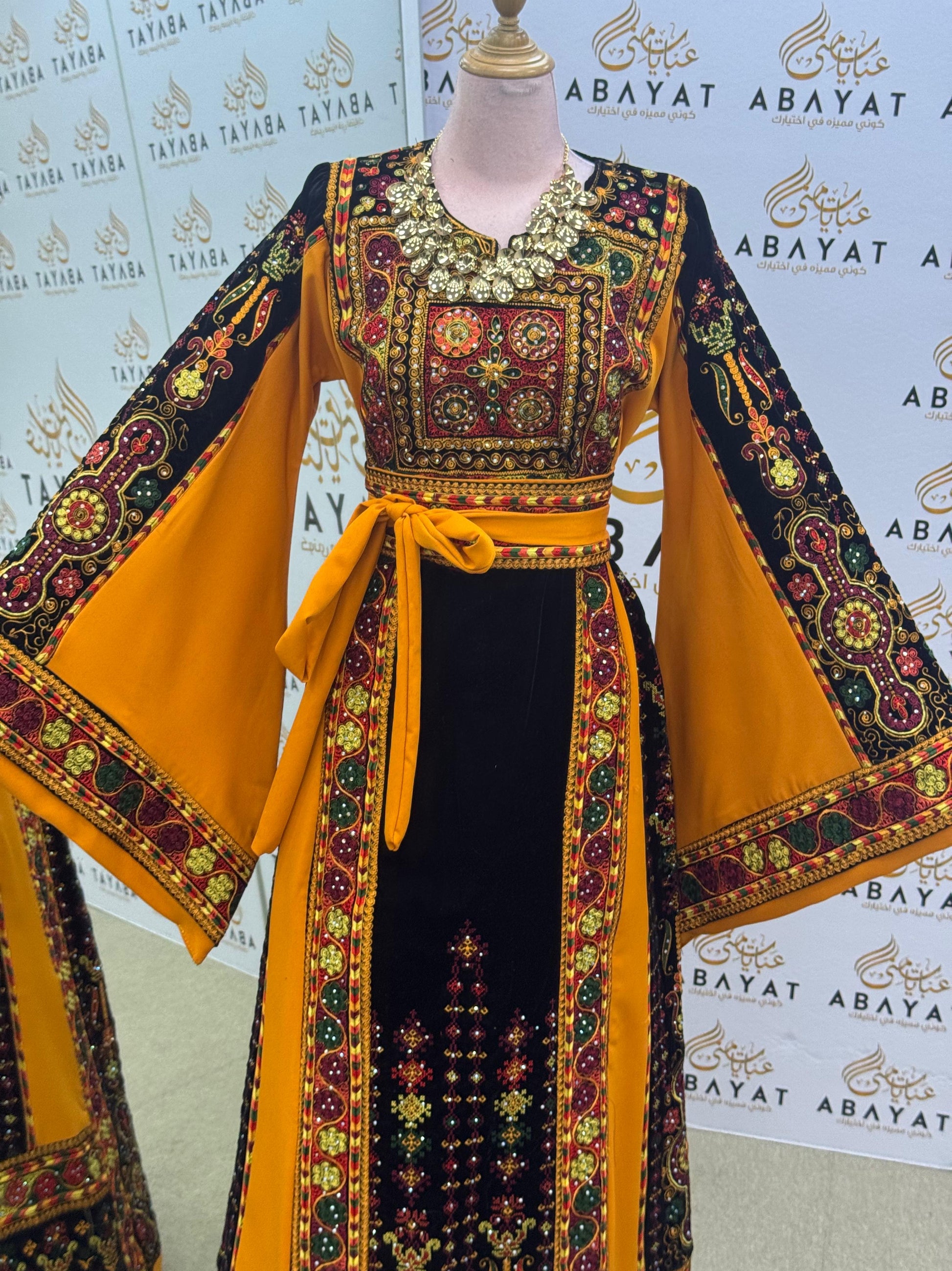 Premium Palestinian Malakah Thobe – Bright Mustard & Black Embroidery