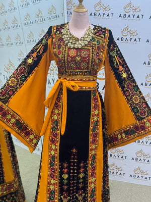 Premium Palestinian Malakah Thobe – Bright Mustard & Black Embroidery