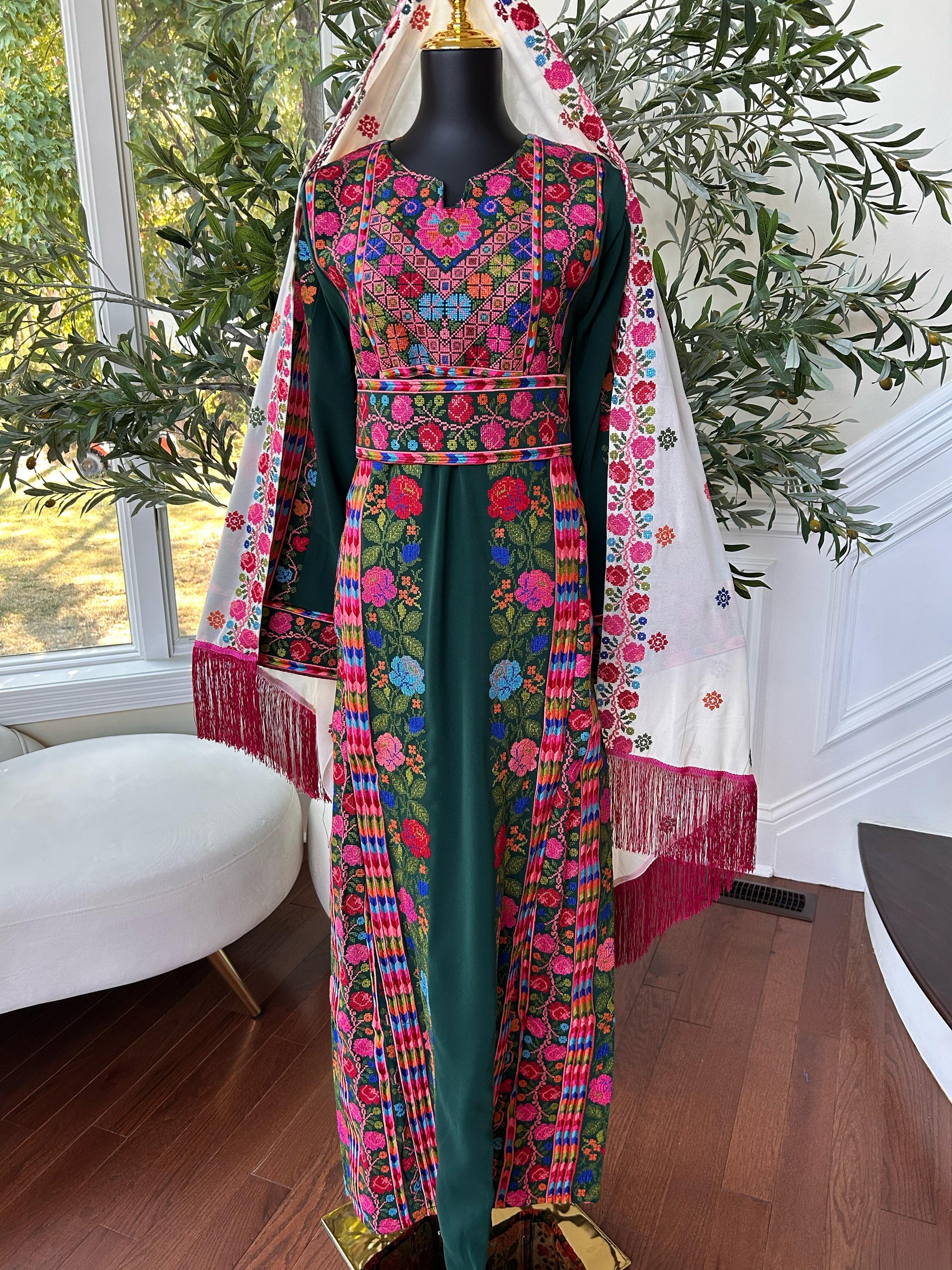 Green Floral Embroidered Tatreez Thobe