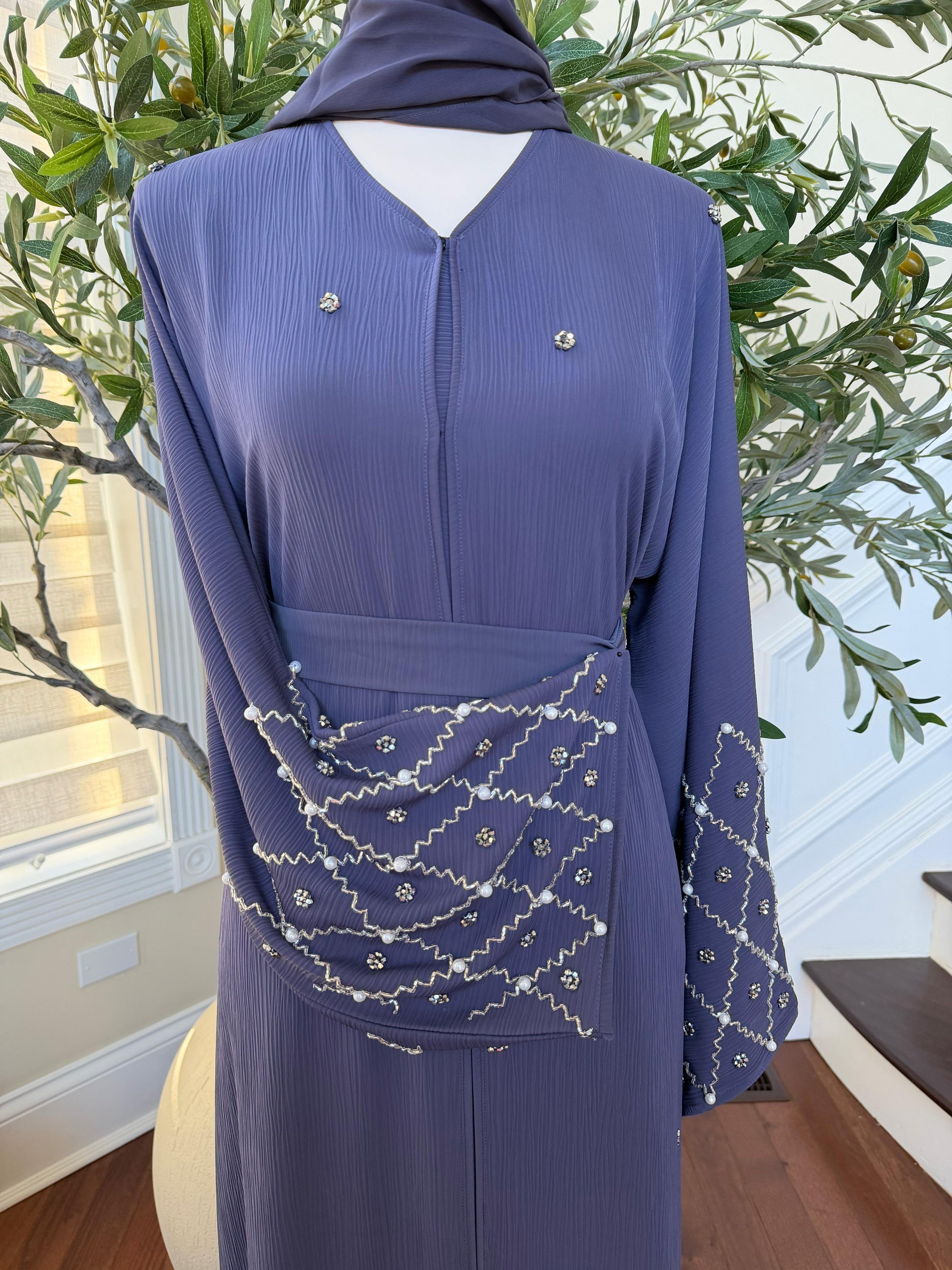 Lavender Blue Charm Stone Beaded Abaya