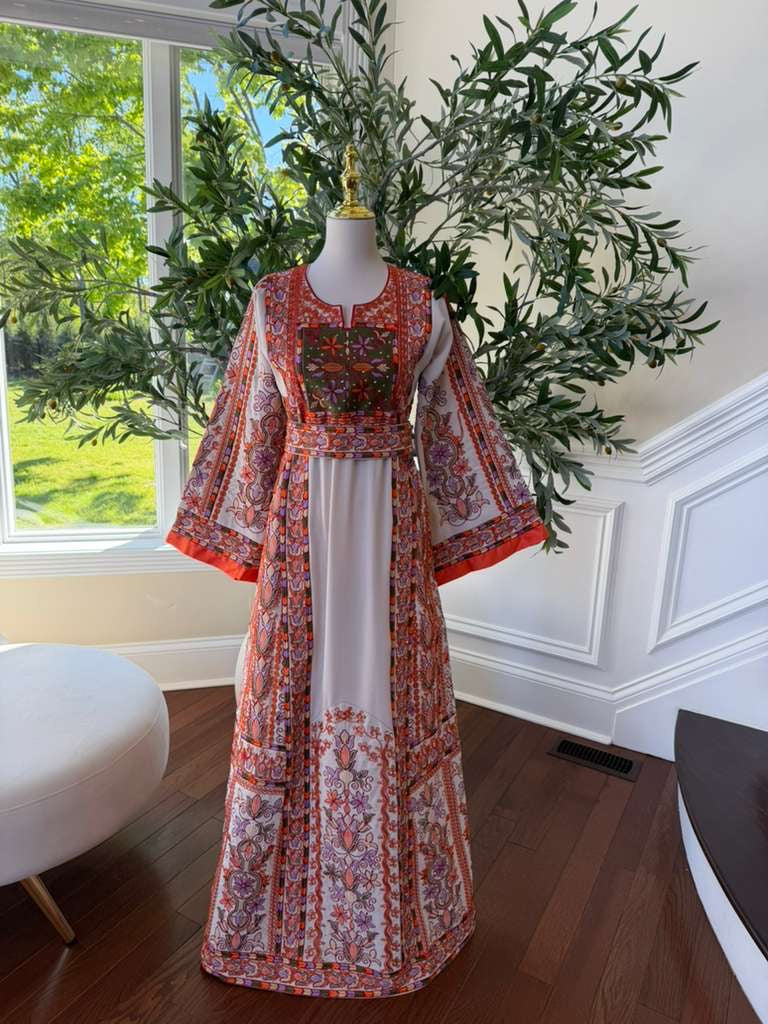 Beige Embroidery Orange Tatreez Thobe