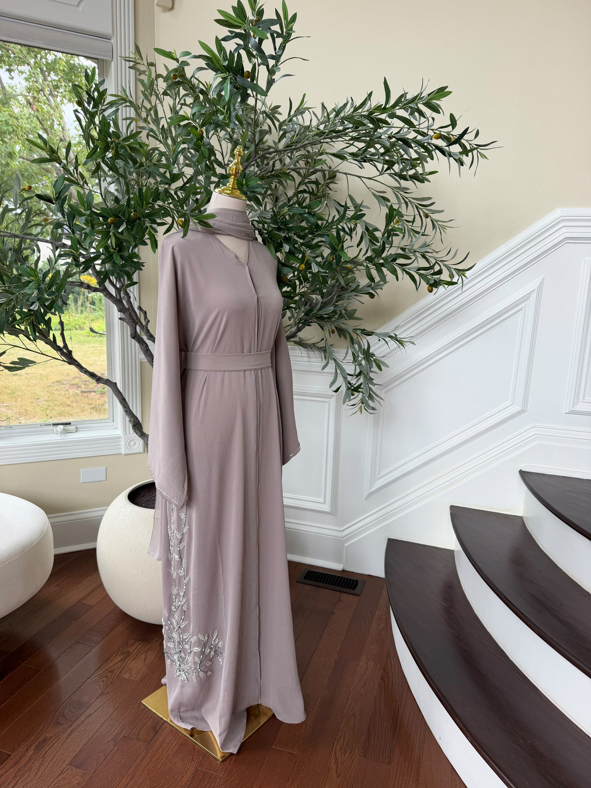 Tan Beaded Elegance Floral Abaya
