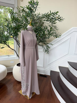 Tan Beaded Elegance Floral Abaya