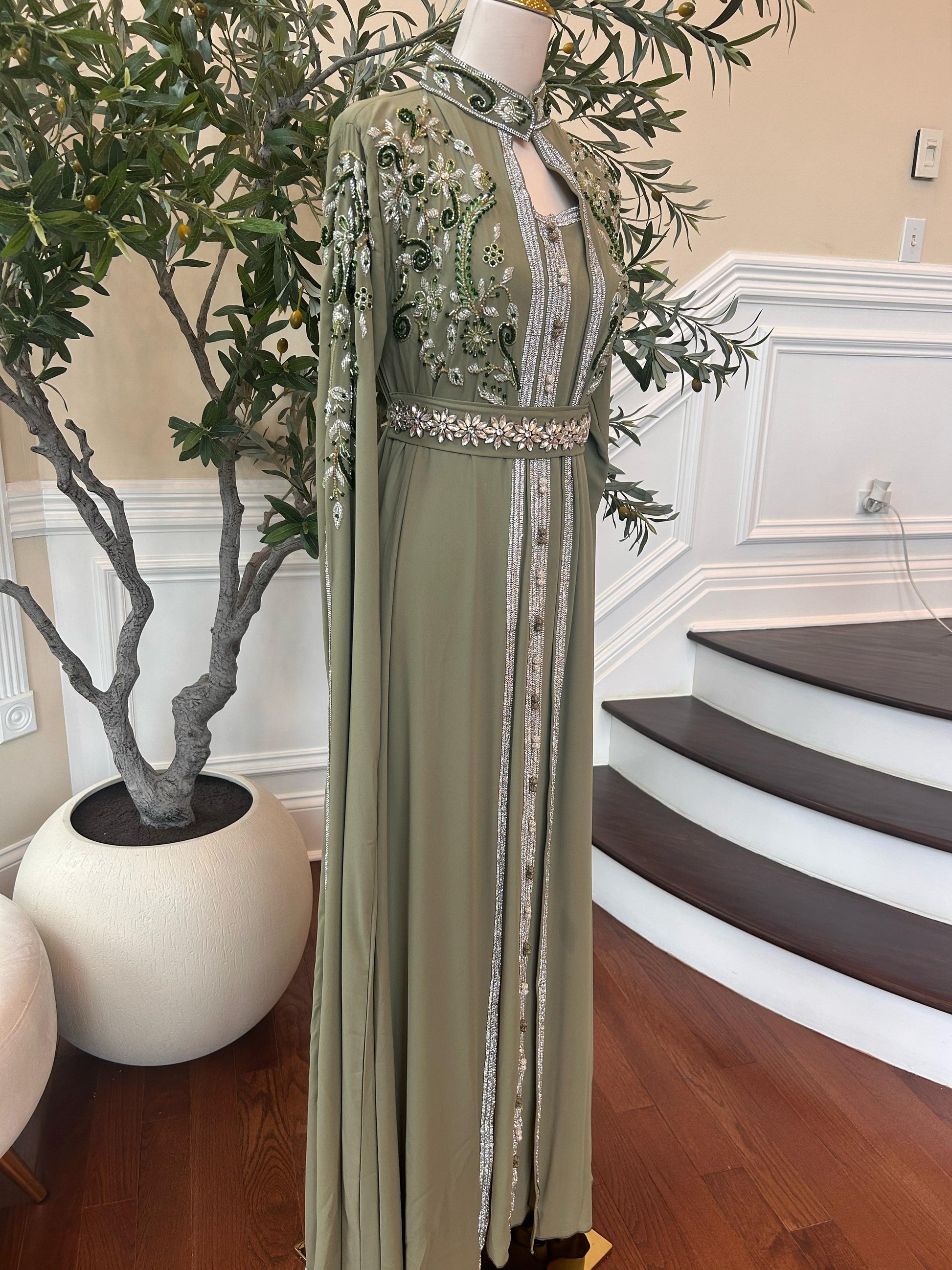 Olive Beaded Stone Kuftan