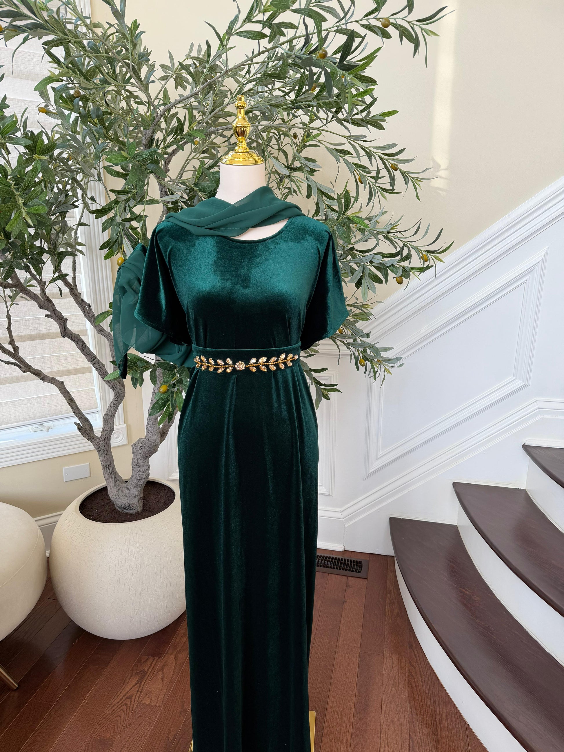 Golden Green Velvet Crystal Two Piece Abaya