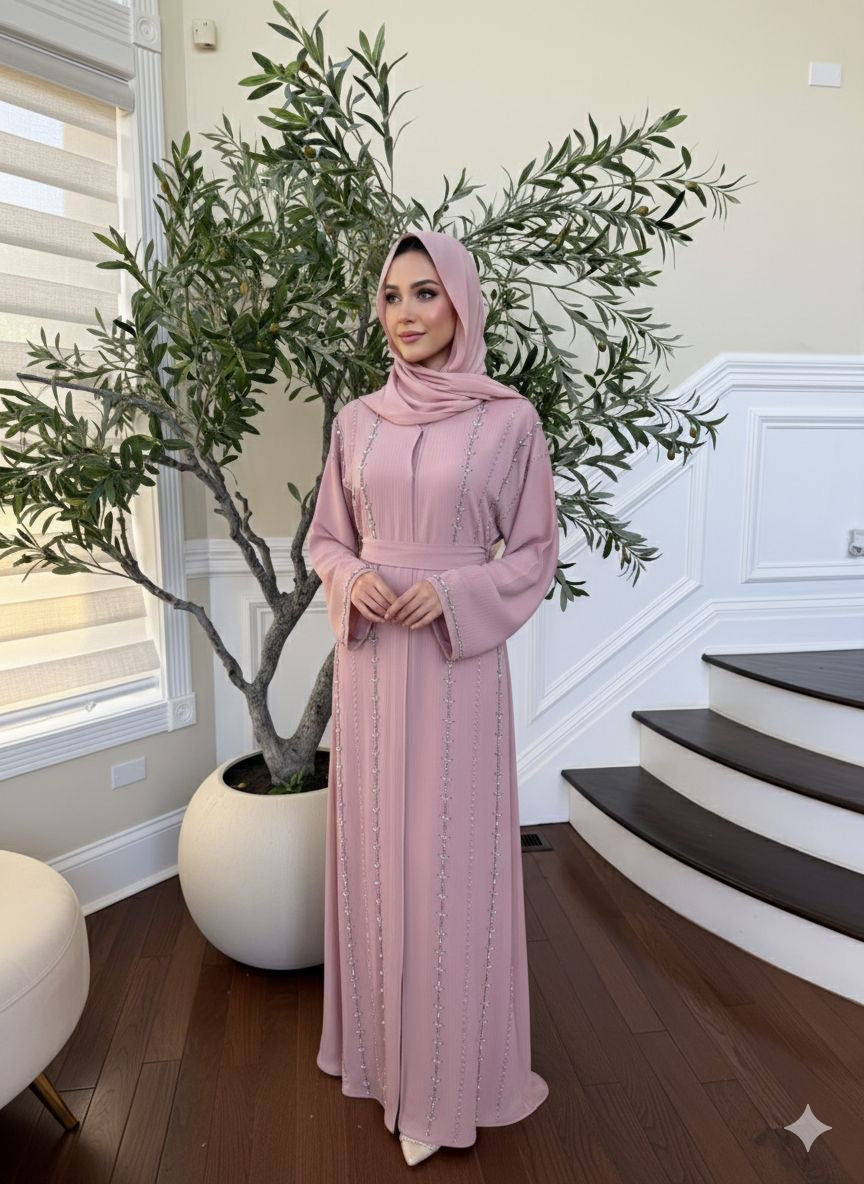 Pink Rose Charm Beaded Abaya