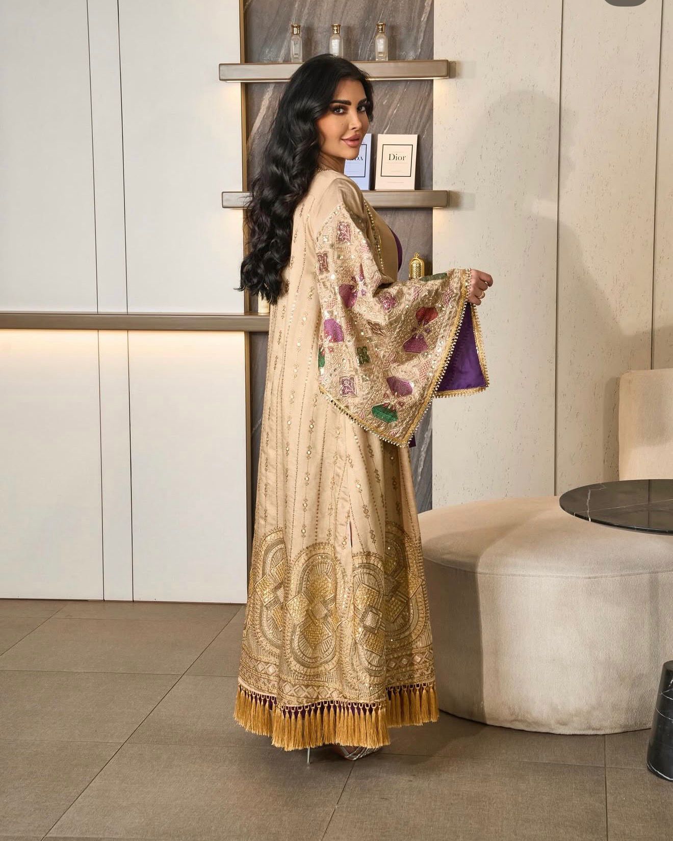 Cream Embroidery Purple Two Piece Abaya