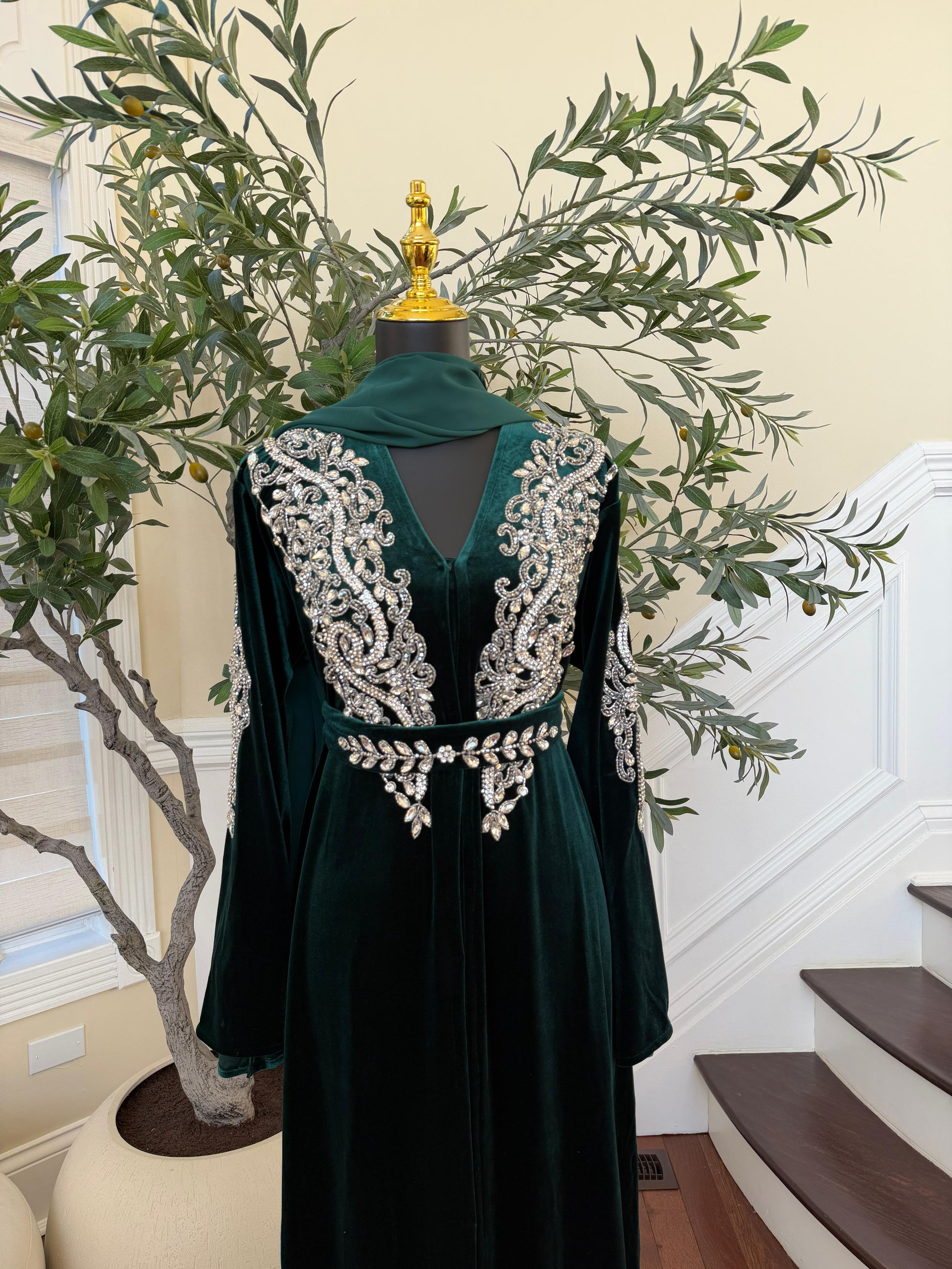 Green Velvet Stone Charm Abaya