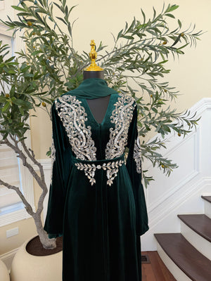 Green Velvet Stone Charm Abaya