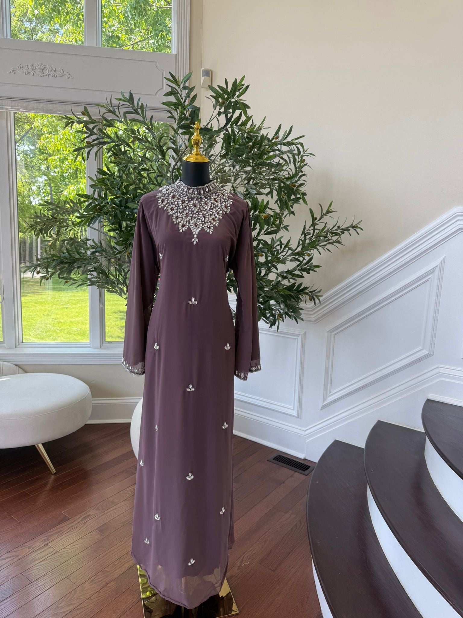 Mauve Crystal High Neck Maxi Dress