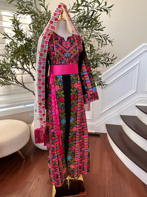 Black Floral Embroidered Tatreez Pink Thobe