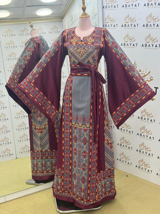 Luxury Palestinian Embroidered Thobe – Burgundy & Grey Traditional Design