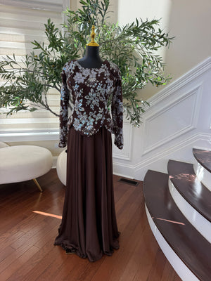 Elegant Chocolate Brown Gown with Silver Floral Embroidery