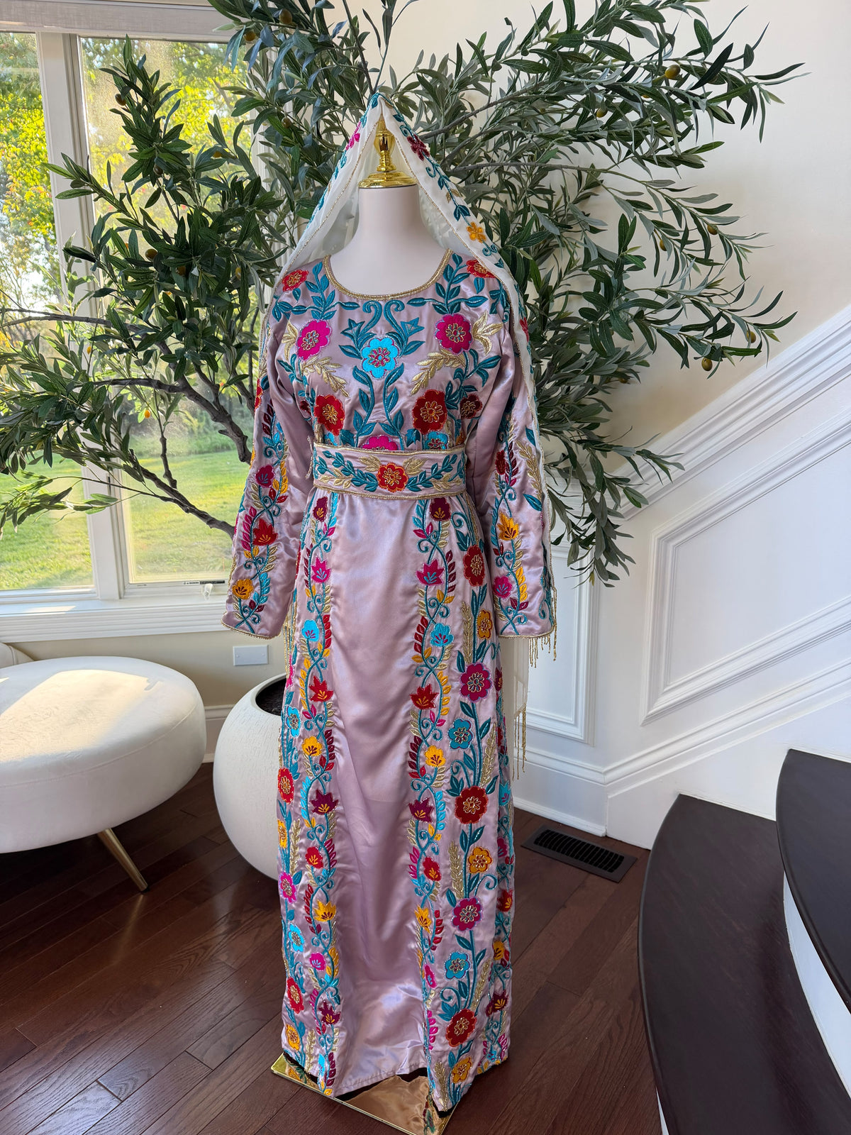 Blush Pink Palestinian Stone Thobe with Vibrant Multicolor Floral Embroidery(scarf not included)