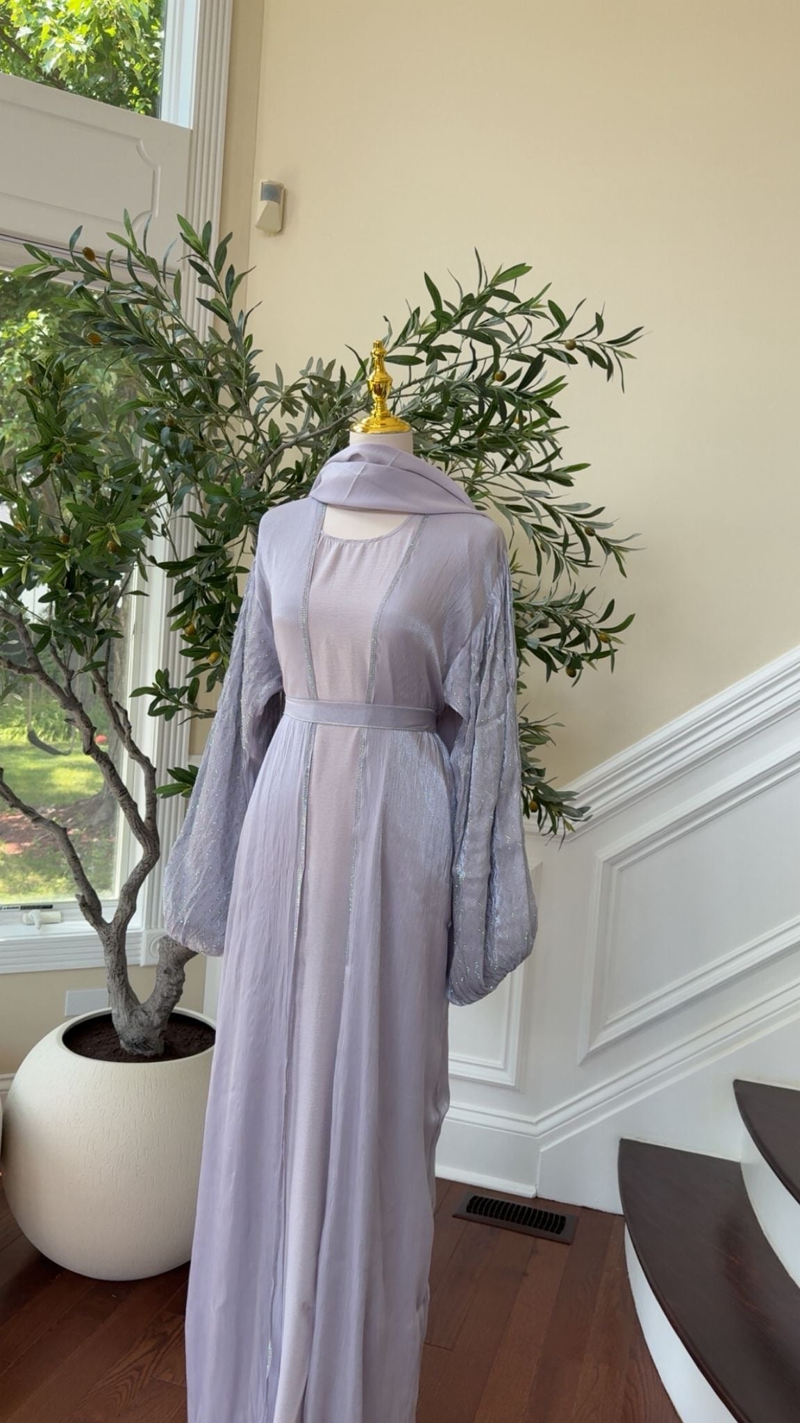 Lavender Grey Sparkle Grace Two-Piece Abaya