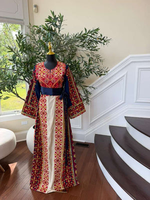 Cream Embroidery Tatreez Blue Sabal Kharaz Thobe