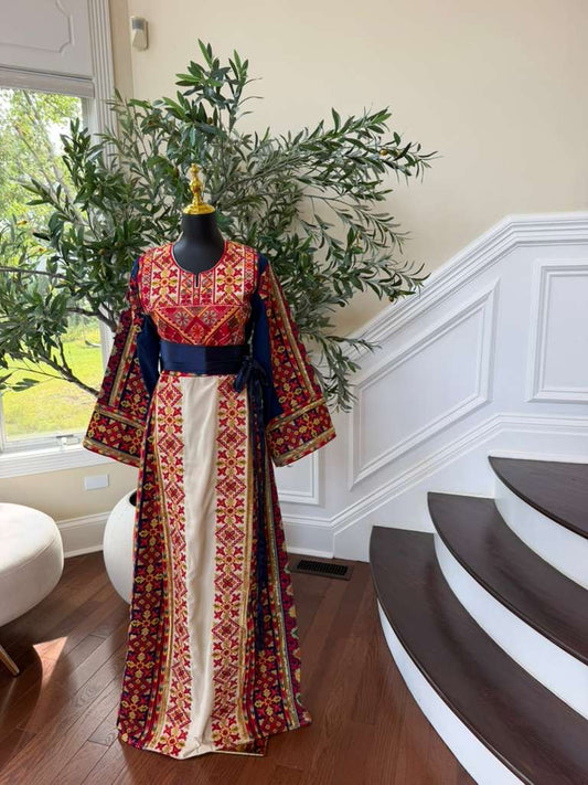 Cream Embroidery Tatreez Blue Sabal Kharaz Thobe