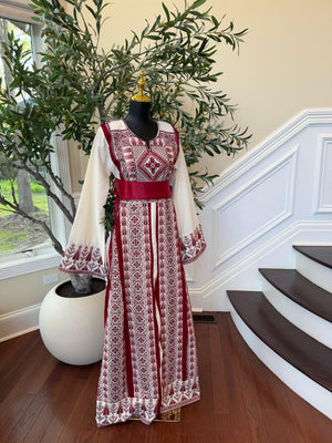 White Traditional Embroidery Red Tatreez Thobe