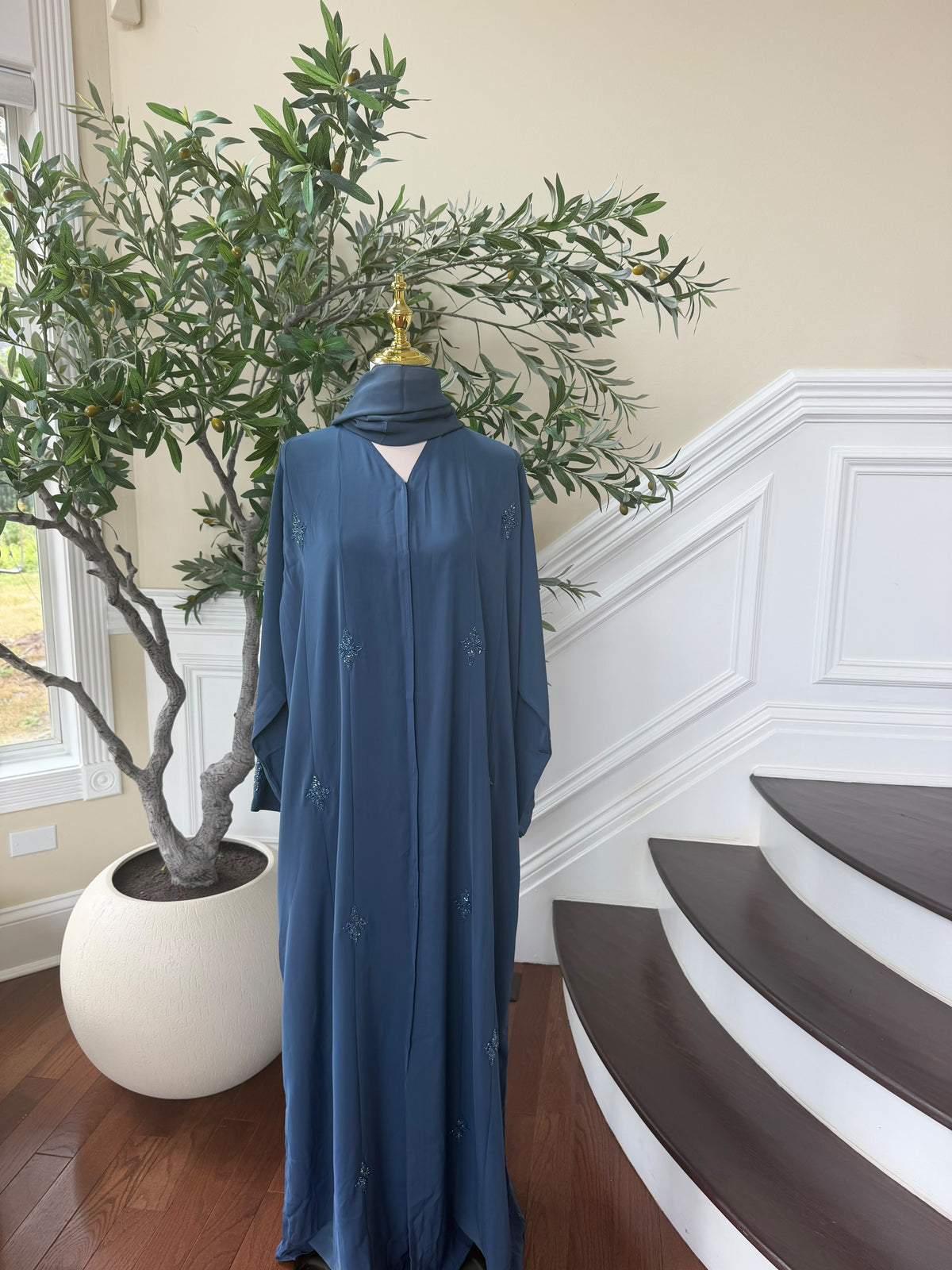 Blue Beaded Nada Fabric Charm Abaya