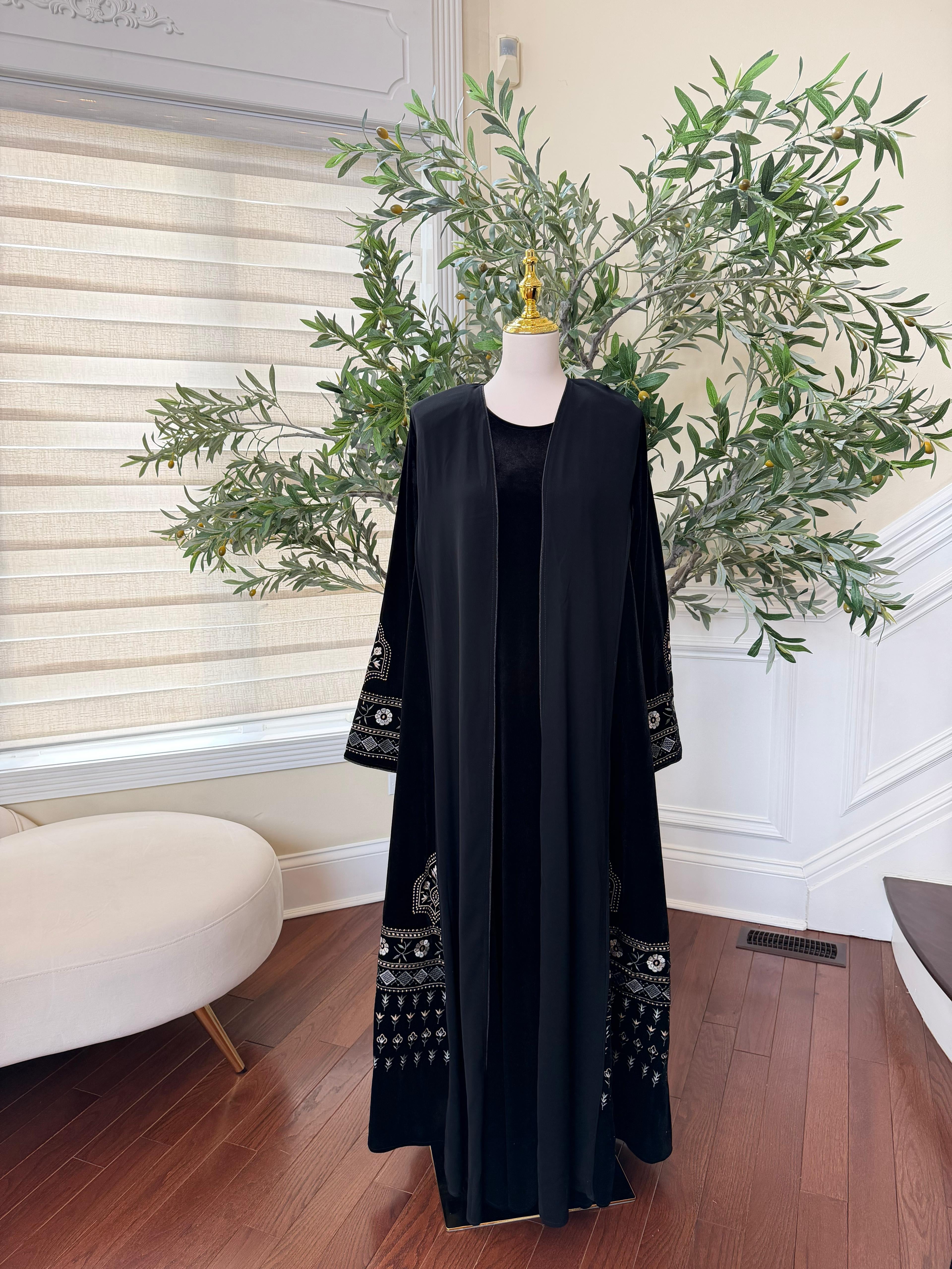 Black Velvet with Chiffon Embroidery Abaya Dress