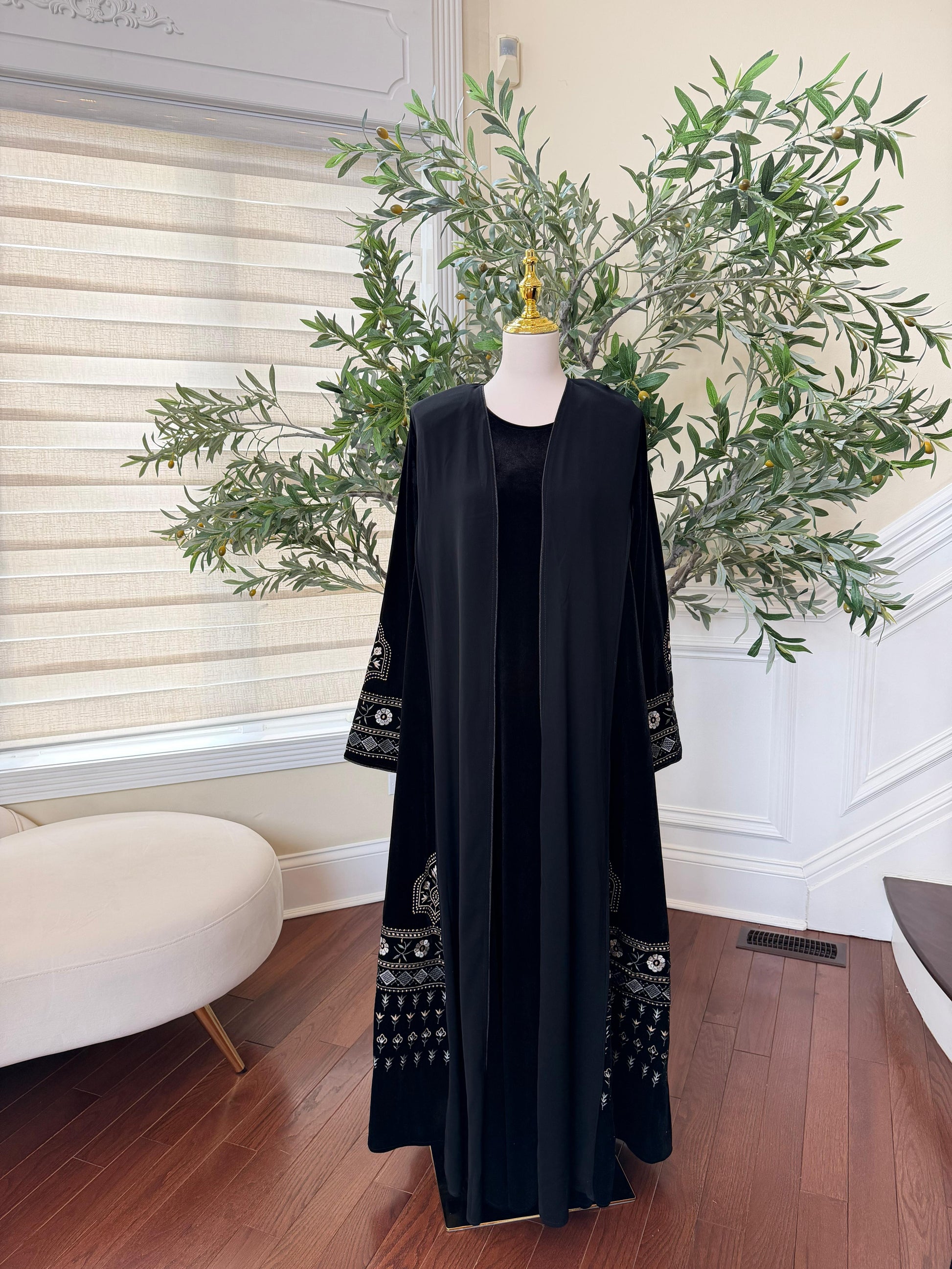 Black Velvet with Chiffon Embroidery Abaya Dress
