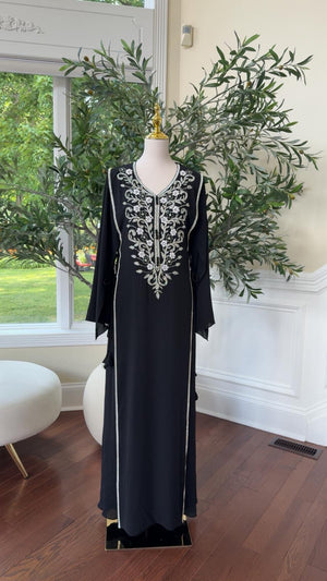 Luxury Black Kaftan with Intricate Silver Detailing