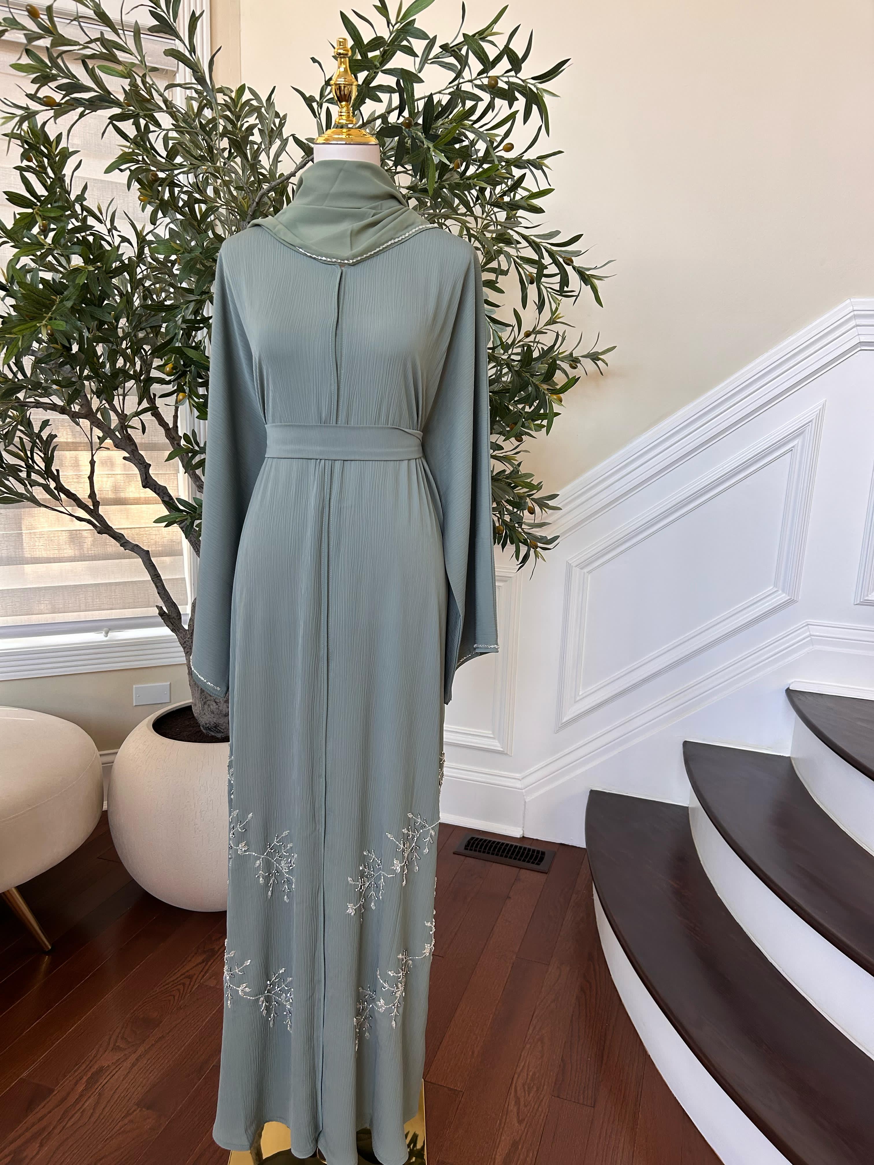 Mint Green Crystal Beaded Abaya