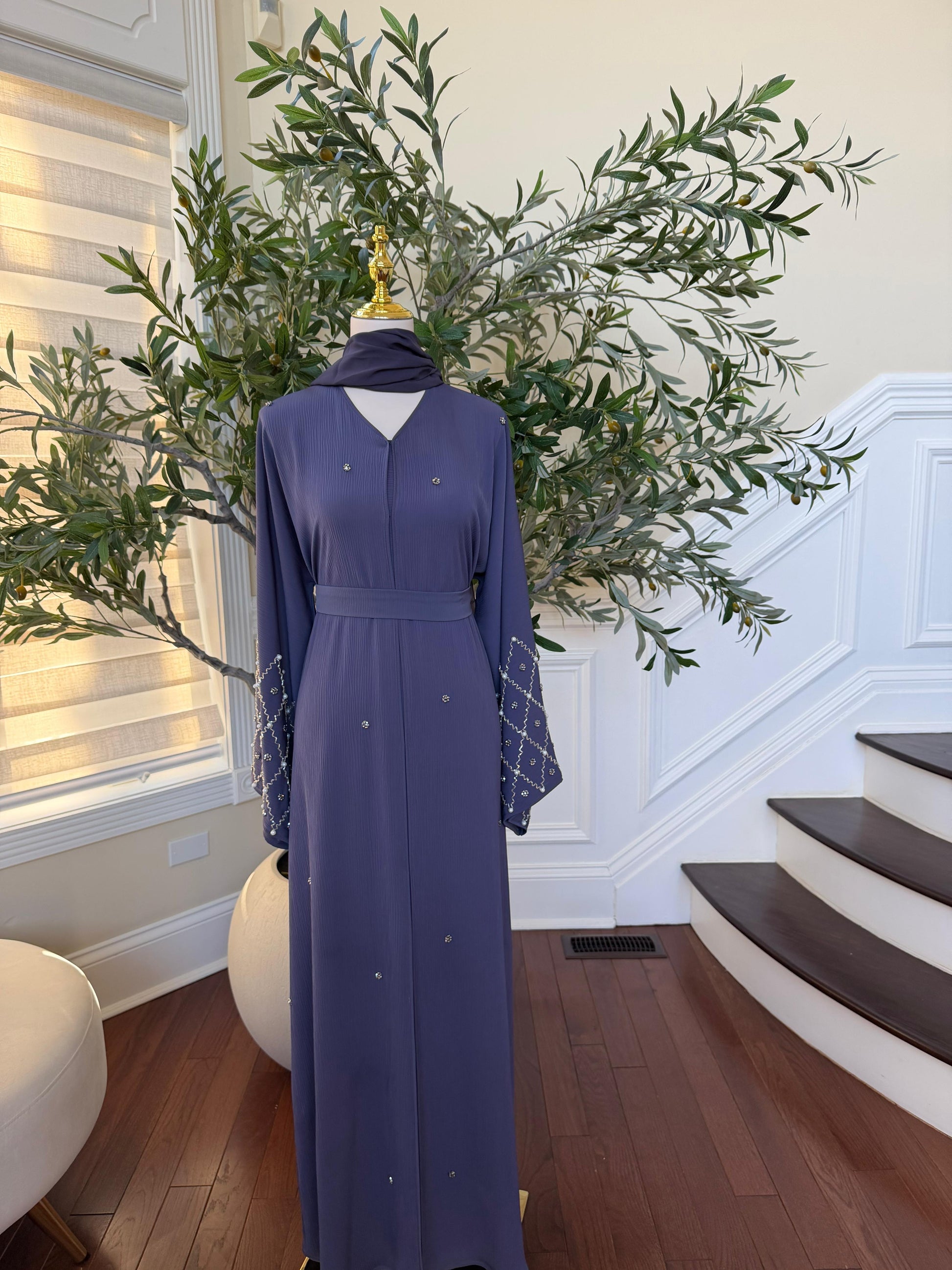 Lavender Blue Charm Stone Beaded Abaya