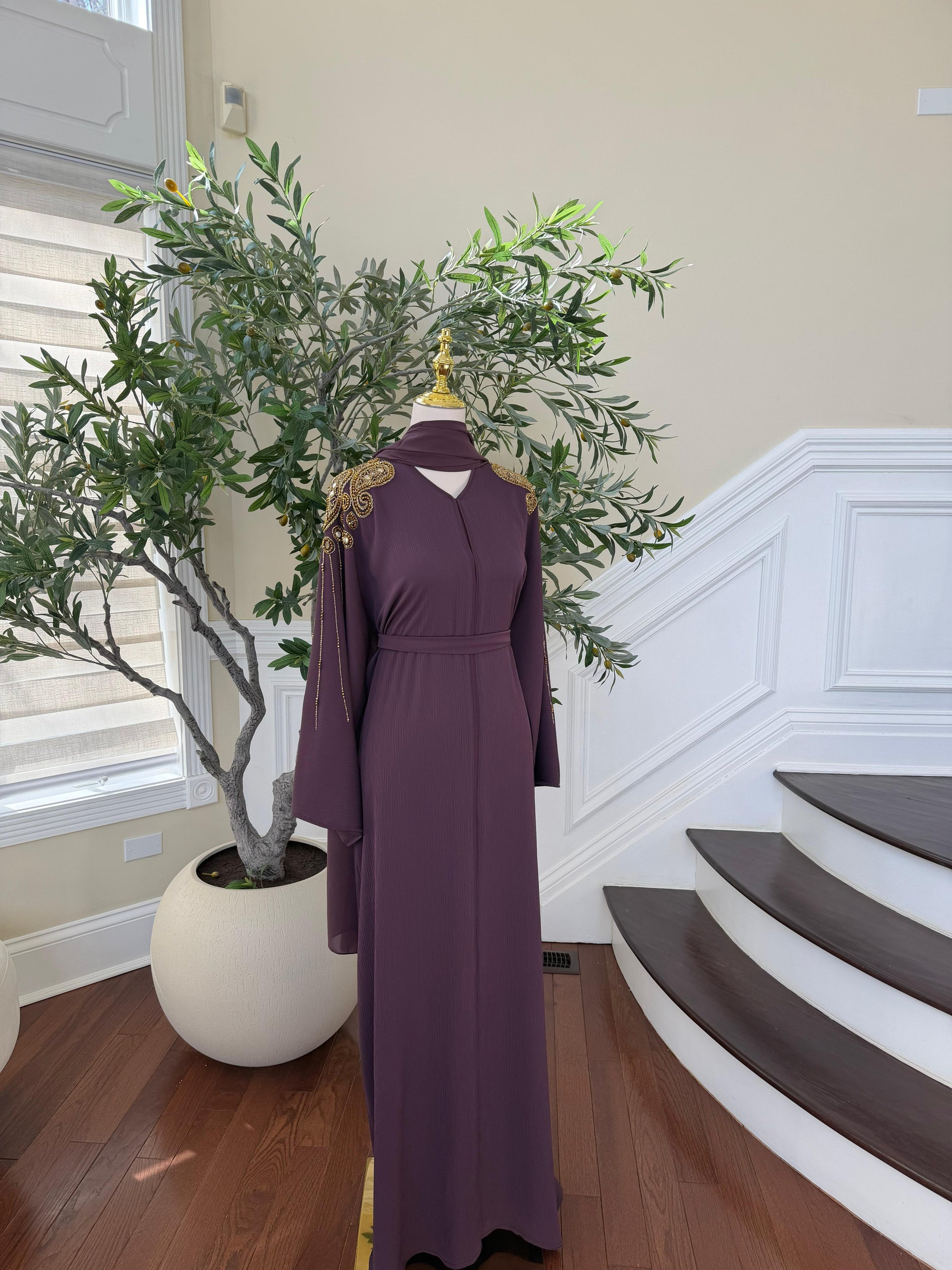 Golden Purple Sleeve Beaded Abaya