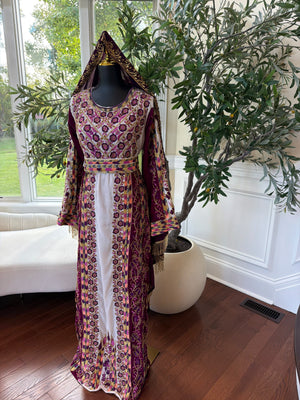 Elegant Purple and Cream Thobe with Intricate Floral Embroidery and Gold Accents (scarf not included)
