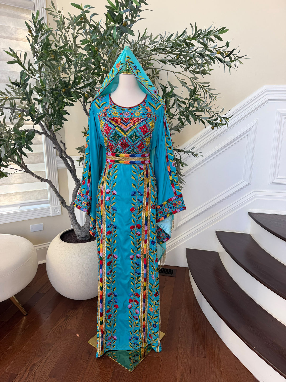 Turquoise Floral Embroidered Palestinian Thobe – Scarf Not Included