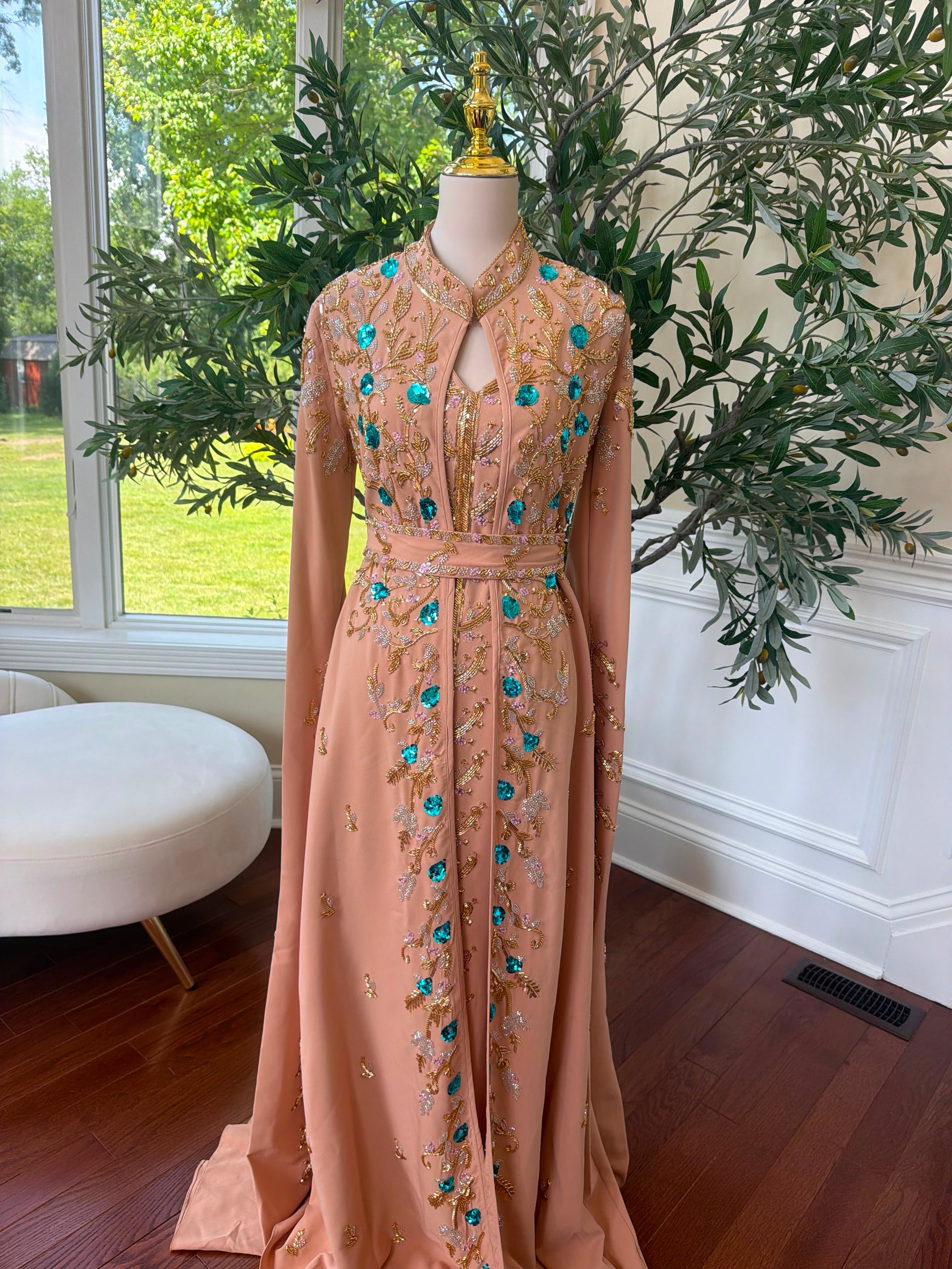 Peach Floral Sequin Beaded Kuftan